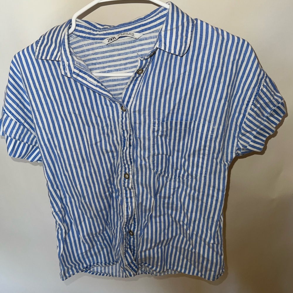 Blue & White Striped ZARA Button Up Cropped T Shirt - Women’s XS